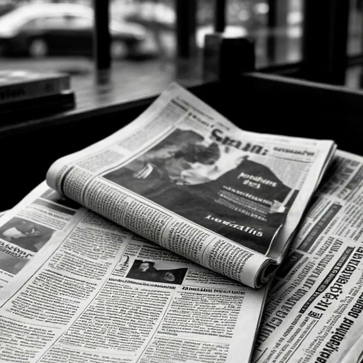 Un journal ouvert contenant des articles en noir et blanc.