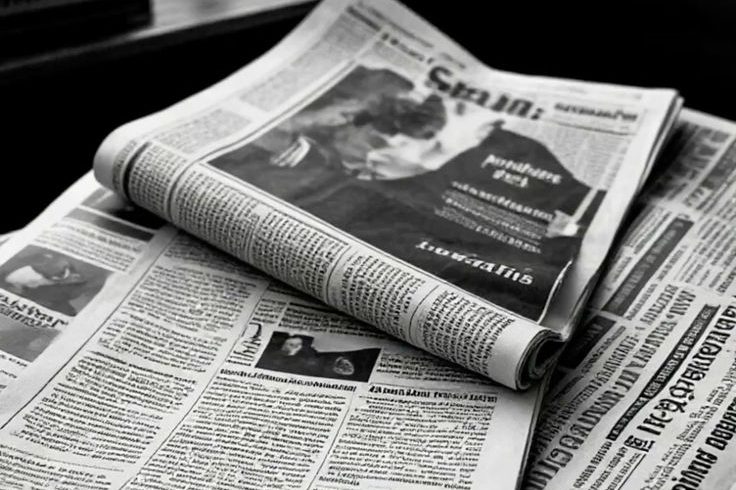 Une photo en noir et blanc de journaux pliés, avec un article en évidence en haut.