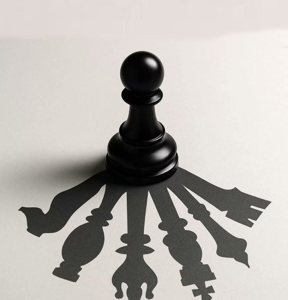 Un pion d'échecs projette une ombre représentant différentes pièces du jeu.